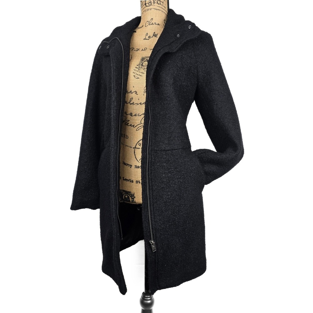 Cute H&M LOGG Black Wool Blend Funnel Neck Boucle Coat Jacket Womens Size 6